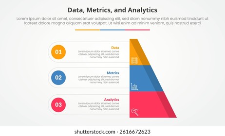 Data metrics and analytics infographic concept for slide presentation with half slice pyramid with circle point with 3 point list with flat style vector