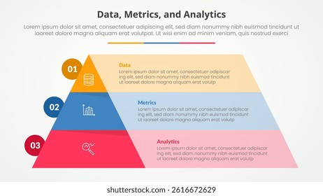 Data metrics and analytics infographic concept for slide presentation with pyramid and rectangle box container with 3 point list with flat style vector