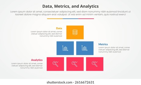 Data metrics and analytics infographic concept for slide presentation with box rectangle pyramid structure with 3 point list with flat style vector