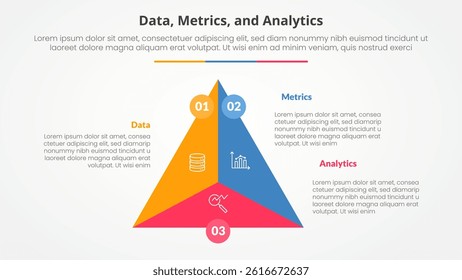 Data metrics and analytics infographic concept for slide presentation with triangle cycle circular center circle badge with 3 point list with flat style vector