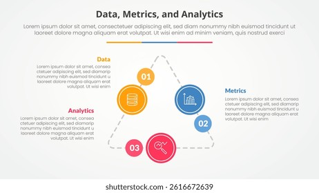 Data metrics and analytics infographic concept for slide presentation with triangle cycle circular on triangle line connected with 3 point list with flat style vector