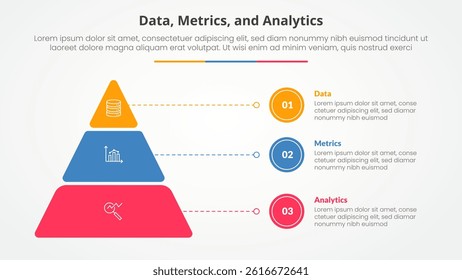Data metrics and analytics infographic concept for slide presentation with round pyramid and line pointer with 3 point list with flat style vector