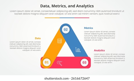 Data metrics and analytics infographic concept for slide presentation with triangle cycle circular round rectangle shape connected with 3 point list with flat style vector