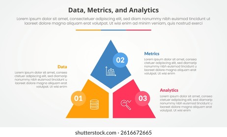 Data metrics and analytics infographic concept for slide presentation with triangle cycle circular slice divide and circle badge with 3 point list with flat style vector