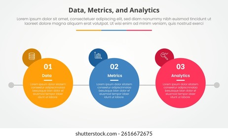 Data metrics and analytics infographic concept for slide presentation with big circle with small circle badge on side with 3 point list with flat style vector