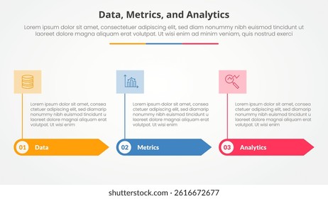 Data metrics and analytics infographic concept for slide presentation with rectangle arrow and banner on header top with 3 point list with flat style vector