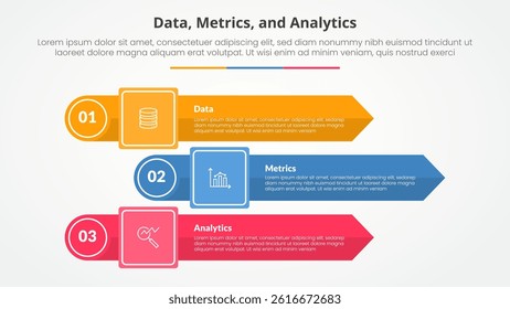 Data metrics and analytics infographic concept for slide presentation with rectangle arrow stack with circle edge with 3 point list with flat style vector