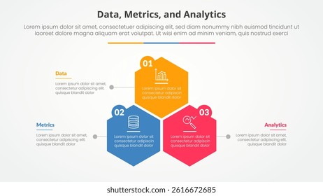 Data metrics and analytics infographic concept for slide presentation with hexagon or hexagonal shape structure with 3 point list with flat style vector