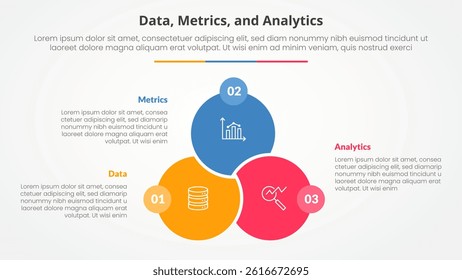 Data metrics and analytics infographic concept for slide presentation with big circle venn linked union badge opposite with 3 point list with flat style vector