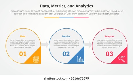 Data metrics and analytics infographic concept for slide presentation with big circle outline and arrow triangle badge with 3 point list with flat style vector