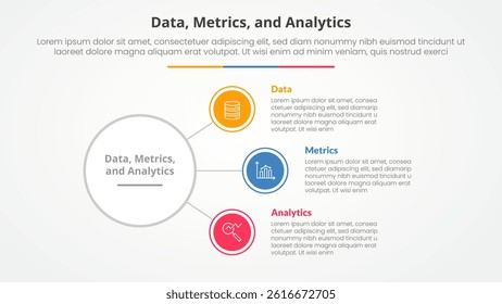 Data metrics and analytics infographic concept for slide presentation with circle link connection line network with 3 point list with flat style vector