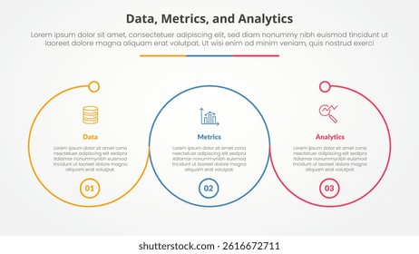 Data metrics and analytics infographic concept for slide presentation with big outline circle circular cycle with 3 point list with flat style vector