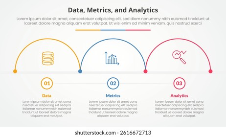 Data metrics and analytics infographic concept for slide presentation with half circle outline horizontal direction with 3 point list with flat style vector