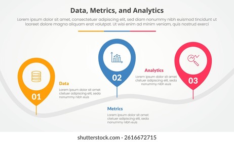 Data metrics and analytics infographic concept for slide presentation with pin tagging location road up and down with 3 point list with flat style vector