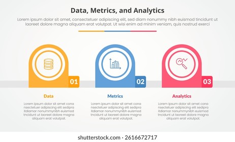 Data metrics and analytics infographic concept for slide presentation with creative round circle horizontal with 3 point list with flat style vector