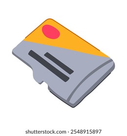 Datos de la tarjeta microSD de dibujos animados. Fotos de vídeos, música smartphone, datos de la cámara de la tableta Tarjeta microSD signo. Ilustración vectorial de símbolo aislado