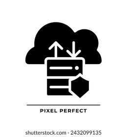 Data migration to cloud black glyph icon. Data transfer to online storage. Innovative technology of computing. Silhouette symbol on white space. Solid pictogram. Vector isolated illustration