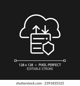 Data migration to cloud pixel perfect white linear icon for dark theme. Data transfer to online storage. Innovative technology. Thin line illustration. Isolated symbol for night mode. Editable stroke