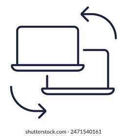 Icono de línea de migración de datos. Portátiles sincronizados. Compartir datos, copiar, transferir, sincronizar. Símbolo de Web, móvil. Tecnología de la información, software informático. Fondo blanco. Trazo de Vector editable. Píxel perfecto