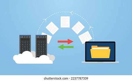 migración de datos en servidor y equipo con algún concepto de archivo de transferencia con un estilo plano moderno