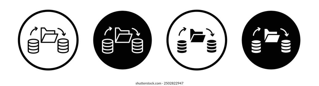 Data migration vector icon set black filled and outlined style.