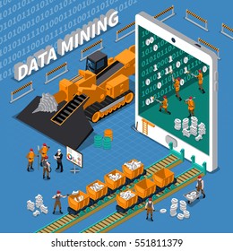 Data Mining Abstract Isometric Concept With Tablet Image And Miner Workers On Blue Background Vector Illustration