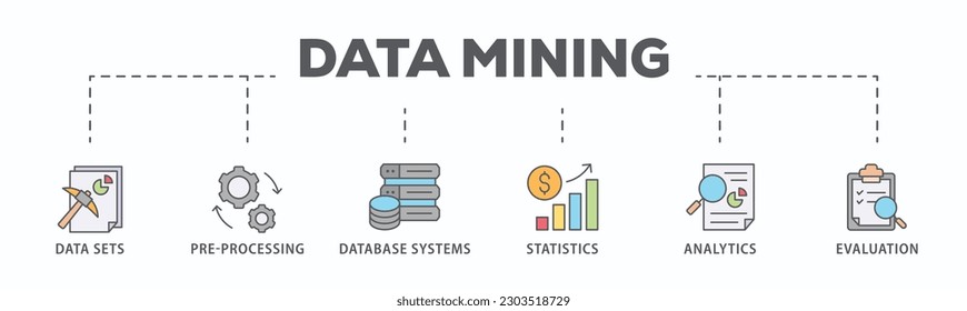 Data mining banner web icon vector illustration concept with icon of data sets, pre-processing, database systems, statistics, analytics and evaluation

