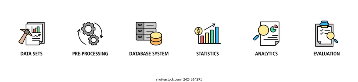 Data mining banner web icon set vector illustration concept with icon of data sets, pre-processing, database systems, statistics, analytics and evaluation