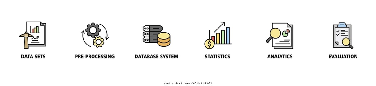 Data mining banner web icon set vector illustration concept with icon of data sets, pre-processing, database systems, statistics, analytics and evaluation