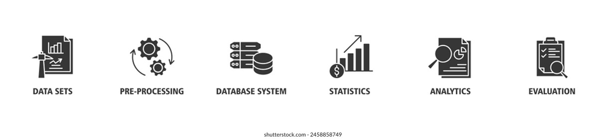 Data mining banner web icon set vector illustration concept with icon of data sets, pre-processing, database systems, statistics, analytics and evaluation