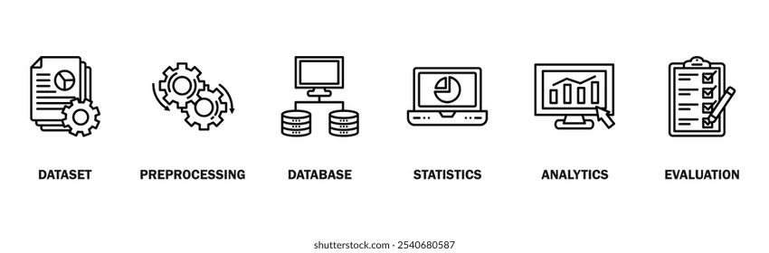 Data mining banner web icon vector illustration concept with icon of data sets, pre-processing, database systems, statistics, analytics and evaluation