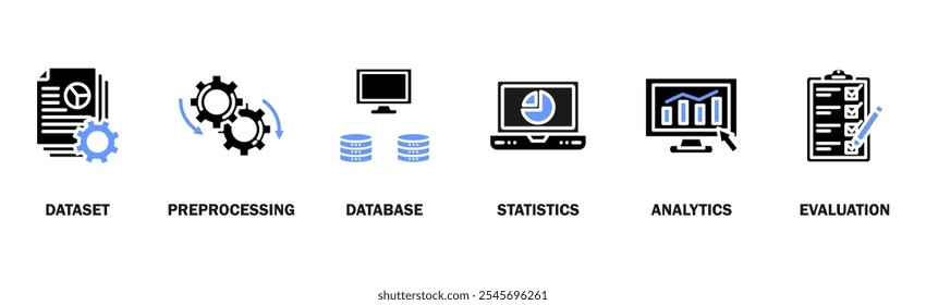 Concepto de Ilustración vectorial de íconos de Web de Anuncio de minería de datos con íconos de Conjuntos de datos, procesamiento previo, sistemas de bases de datos, estadísticas, análisis y evaluación