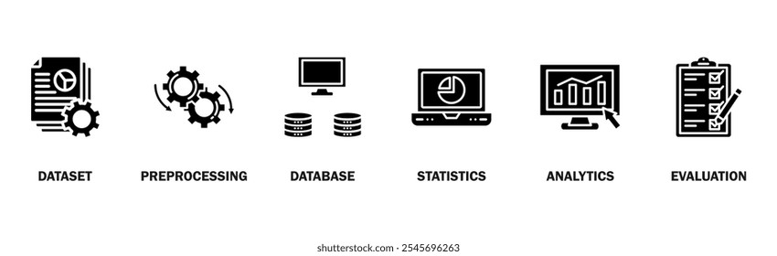 Data mining banner web icon vector illustration concept with icon of data sets, pre-processing, database systems, statistics, analytics and evaluation