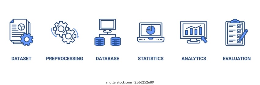 Data mining banner web icon vector illustration concept with icon of data sets, pre-processing, database systems, statistics, analytics and evaluation