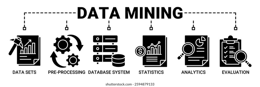 Data mining banner web icon set vector illustration concept with icon of data sets, pre-processing, database systems, statistics, analytics and evaluation icons. Solid color vector symbol background.