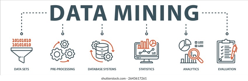Conceito de ilustração de vetor de ícone da web com ícone de conjuntos de dados, pré-processamento, sistemas de banco de dados, estatísticas, análise e avaliação.