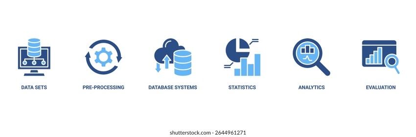 Conceito de ilustração de vetor de ícone da web com ícone de conjuntos de dados, pré-processamento, sistemas de banco de dados, estatísticas, análise e avaliação