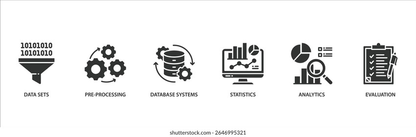Data mining banner web icon vector illustration concept with icon of data sets, pre-processing, database systems, statistics, analytics and evaluation.
