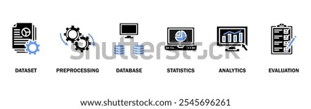 Data mining banner web icon vector illustration concept with icon of data sets, pre-processing, database systems, statistics, analytics and evaluation