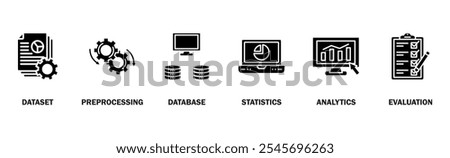 Data mining banner web icon vector illustration concept with icon of data sets, pre-processing, database systems, statistics, analytics and evaluation