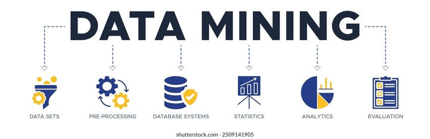 Data mining banner website icon vector illustration concept with icon of data sets, pre-processing, database systems, statistics, analytics and evaluation on white background