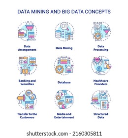 Data mining and big data concept icons set. Database analysis idea thin line color illustrations. Arrangement, processing. Isolated symbols. Editable stroke. Roboto-Medium, Myriad Pro-Bold fonts used