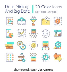 Data mining and big data RGB color icons set. Computing analytics. Isolated vector illustrations. Computer science. Simple filled line drawings collection. Editable stroke. Quicksand-Light font used