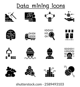 Data mining, big data, data warehouse icon set in glyph style