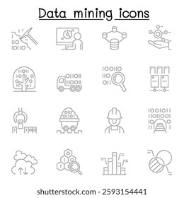 Data mining, big data, data warehouse icon set in thin line style