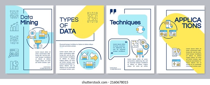 Data mining blue and yellow brochure template. Information extraction. Leaflet design with linear icons. 4 vector layouts for presentation, annual reports. Questrial, Lato-Regular fonts used