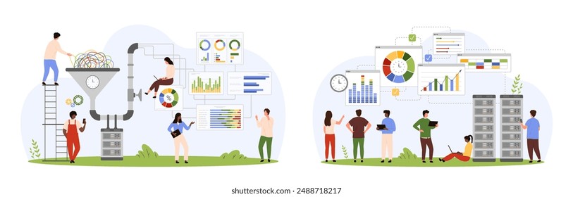 Minería de datos, clasificación de información digital y conjunto de documentos tecnológicos. Las personas pequeñas trabajan con grandes embudos y servidores, proceso de conversión de análisis de flujo de datos, análisis de Ilustración vectorial de dibujos animados