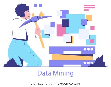 Data Mining concept. A stylized person wielding a pickaxe among abstract data blocks, representing the extraction of valuable insights. Vector illustration.