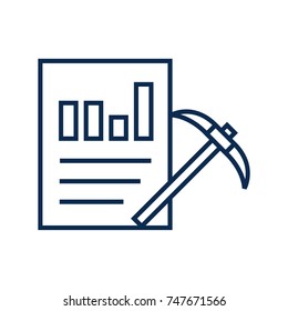 Data Mining Fintech Line Vector Icon. Pickaxe Next To A Sheet Of Bar Chart And Lines Of Texts Isolated On White Background. 
