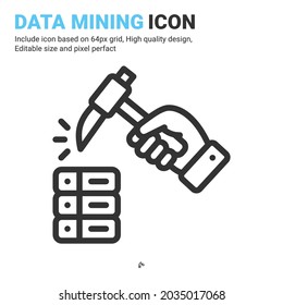 Data mining with hand icon vector with outline style isolated on white background. Vector illustration database sign symbol icon concept for digital IT, logo, industry, technology, apps, web and more